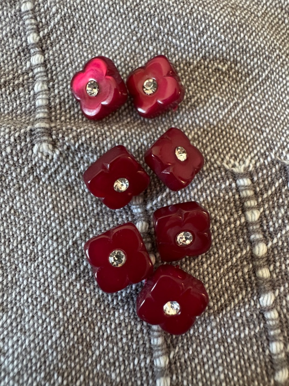 Vintage Set of 7 Deep Red Flower Shaped Resin Rhinestone Buttons